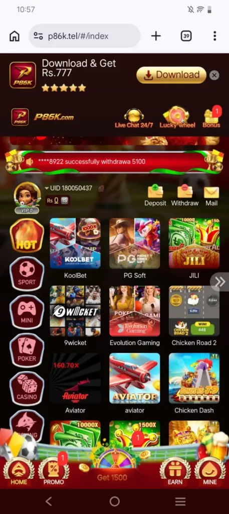 P86K mobile game gameplay on Android device