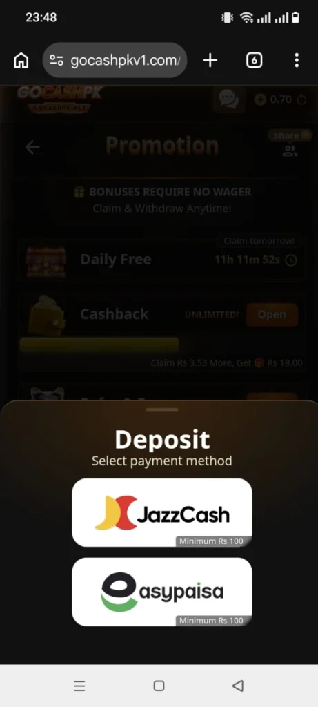gocashpk game deposit and withdraw